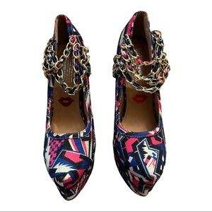 Redkiss Chain 6” Stiletto Heel Size 8.5 Blue Multi Color Geo Print Platform Clog